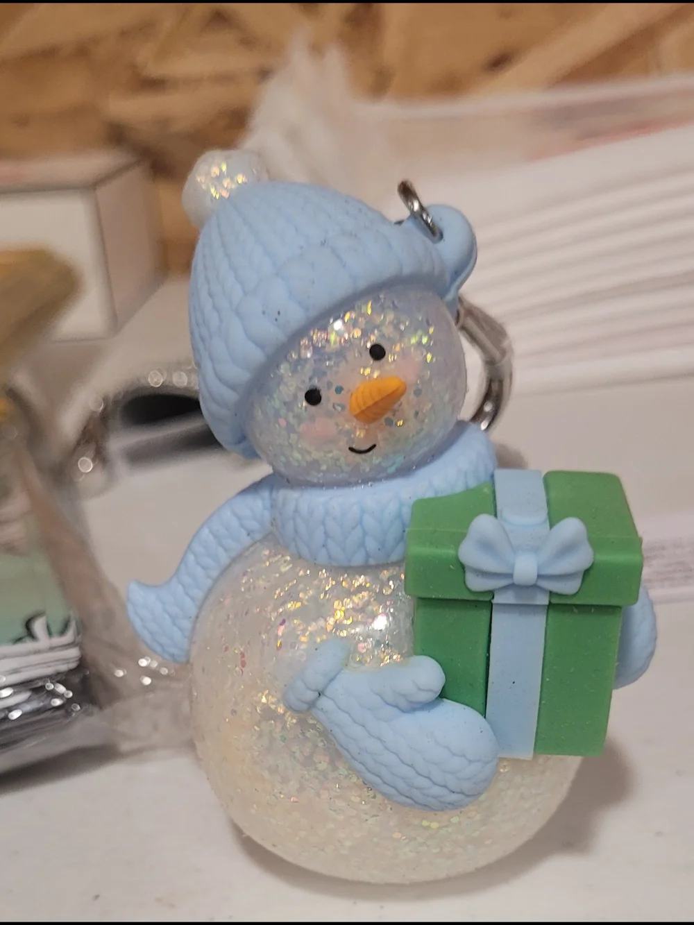 Blue Snowman Keychain with Green Gift Pocketbac Holder BBW